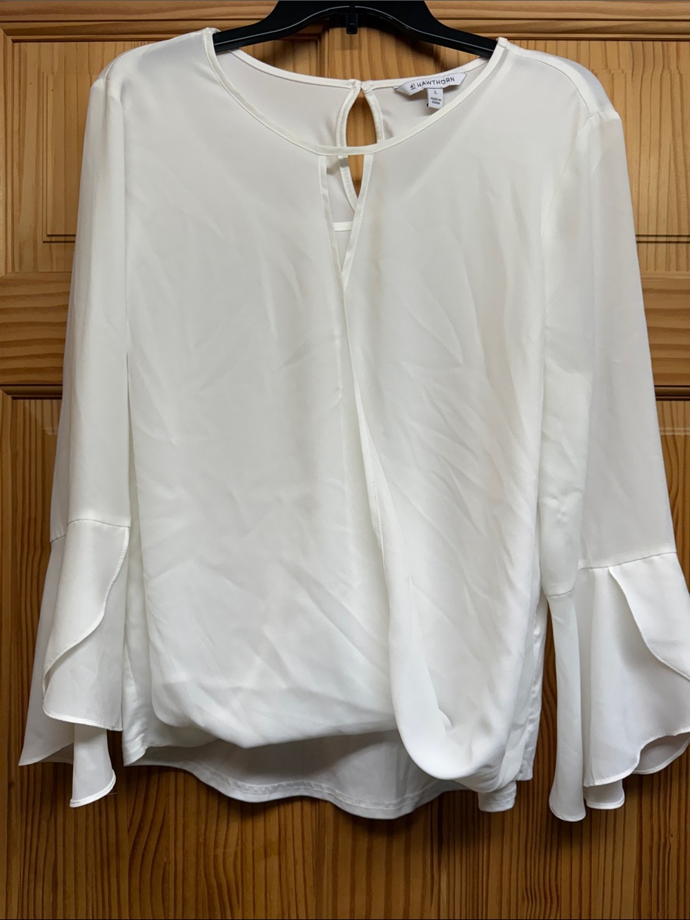 41 Hawthorn Cream Tie-Neck Blouse with Ruffle Bell Sleeves